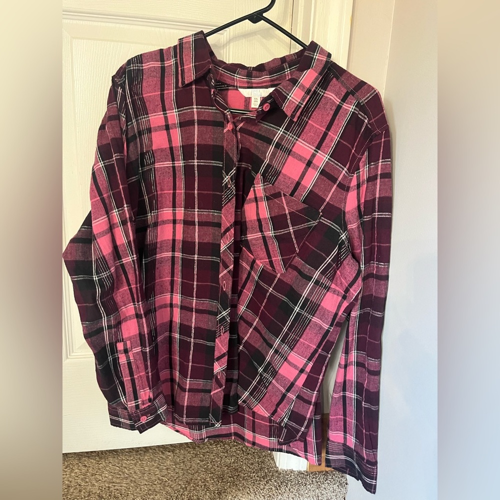 Time and Tru Pink and Black Plaid Kids Button Down Shirt